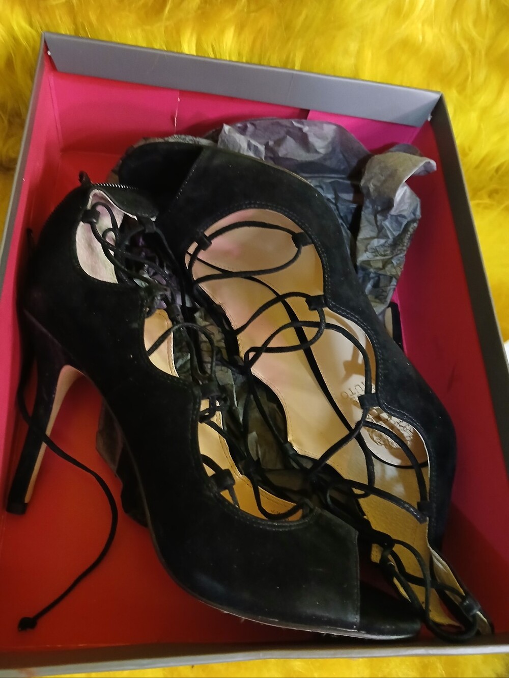 Vince Camuto Black Suede Lace-Up Peep Toe High Heels size 10